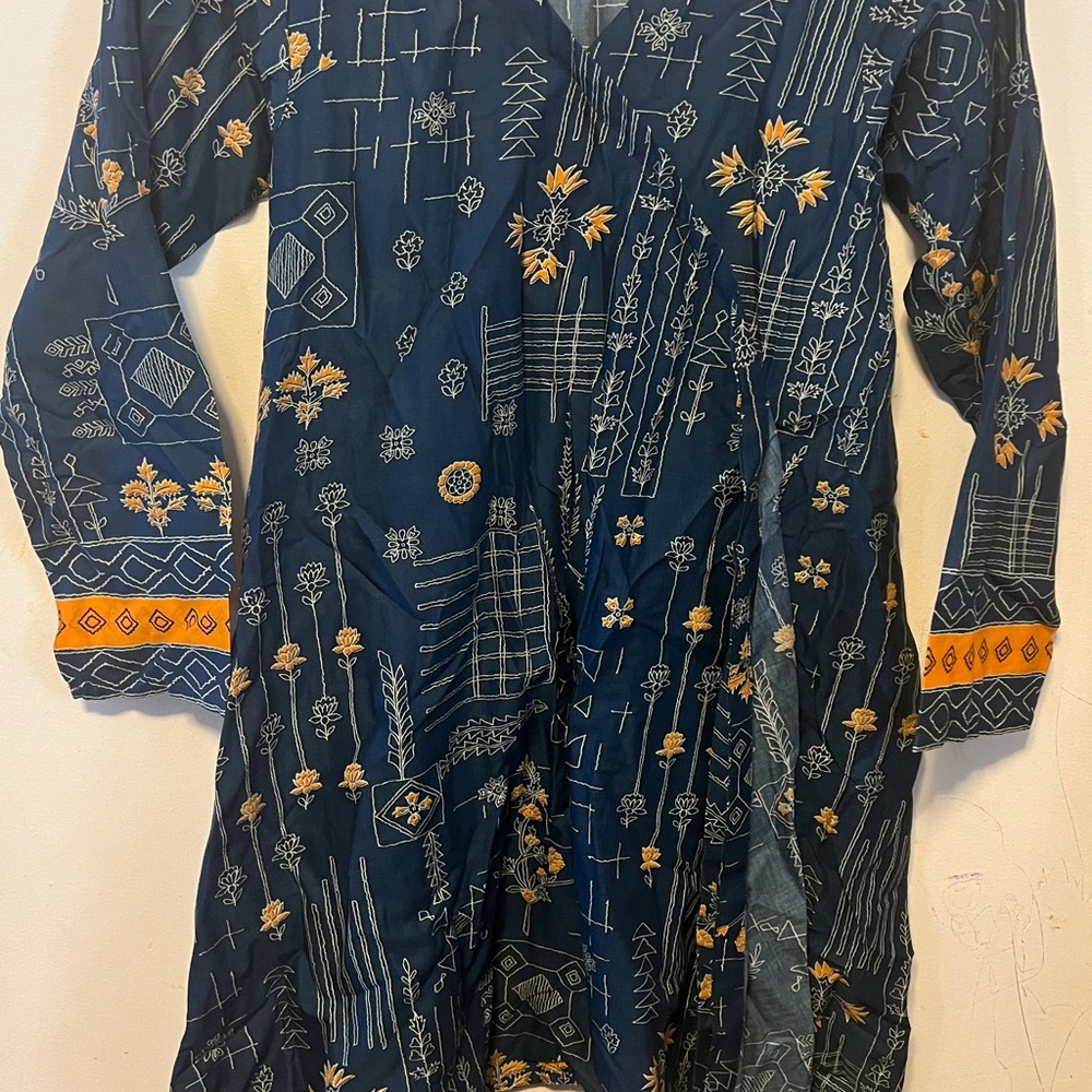 Navy Blue Patterned Dress with Orange Accents